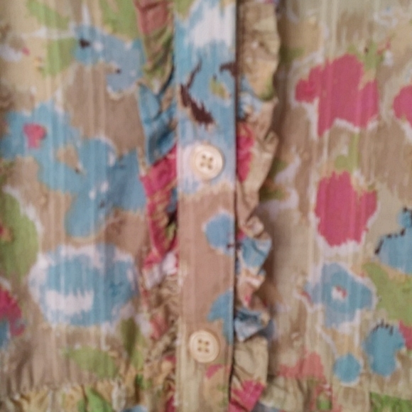 IB Diffusion Floral Ruffle Swiss Dot Button Down Top L Pink Mauve Blue - Picture 6 of 16